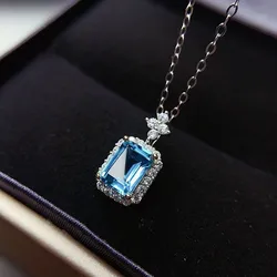 Little Chic Sea Blue Crystal Topaz Aquamarine Gemstones Diamonds Pendant Necklaces for Women White Gold Filled Choker Jewellery