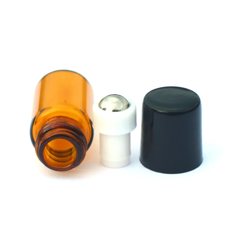 200pcs 2ml Refillable Perfume Sample Roll Amber Glass Jar Mini Essential Oil Jar With Metal Roller Vial