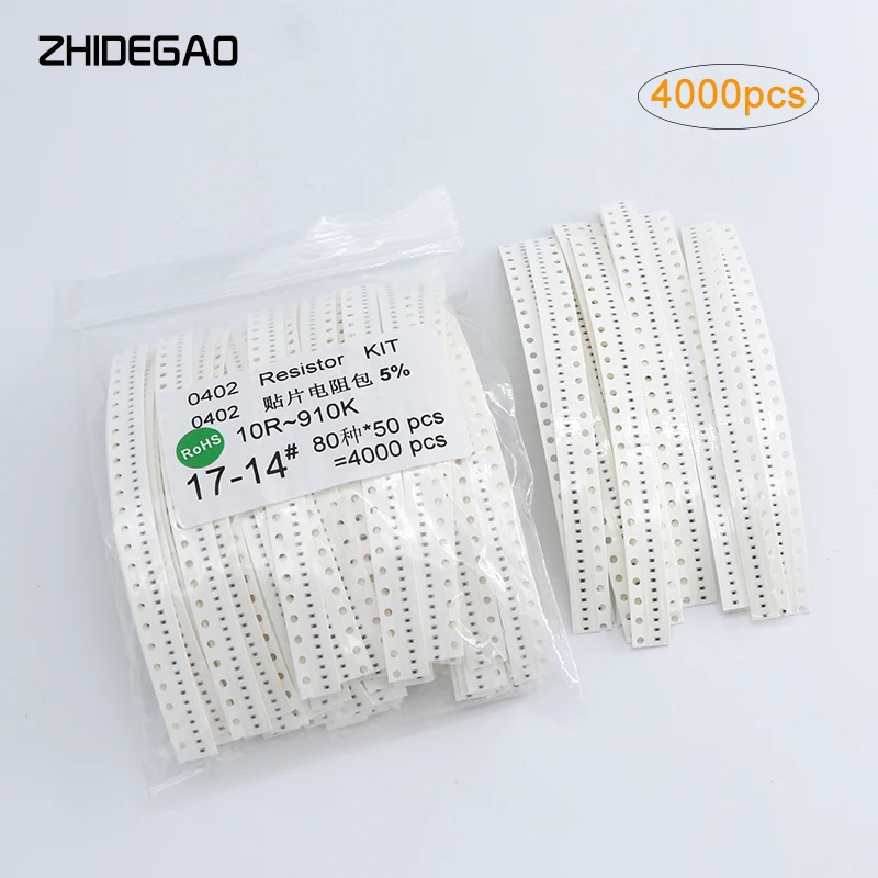 0402 SMD Resistor Kit Assorted Kit 10 Ohm-910K ohm 5% 80valuesX 50pcs=4000pcs Sample Kit