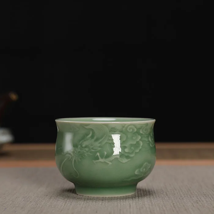 

Longquan Celadon Handmade Di Kiln Plum Green Engraving Ceramic Dragon Tea Cup