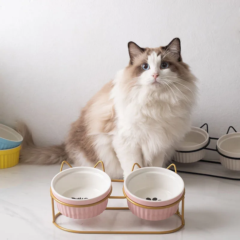 Cute Cats Dogs Feeders Bowls Double Ceramic Elevated Cat Bowls Pet Drinking Bowls Water Food Dishes Prevent Cervical Spondylosis