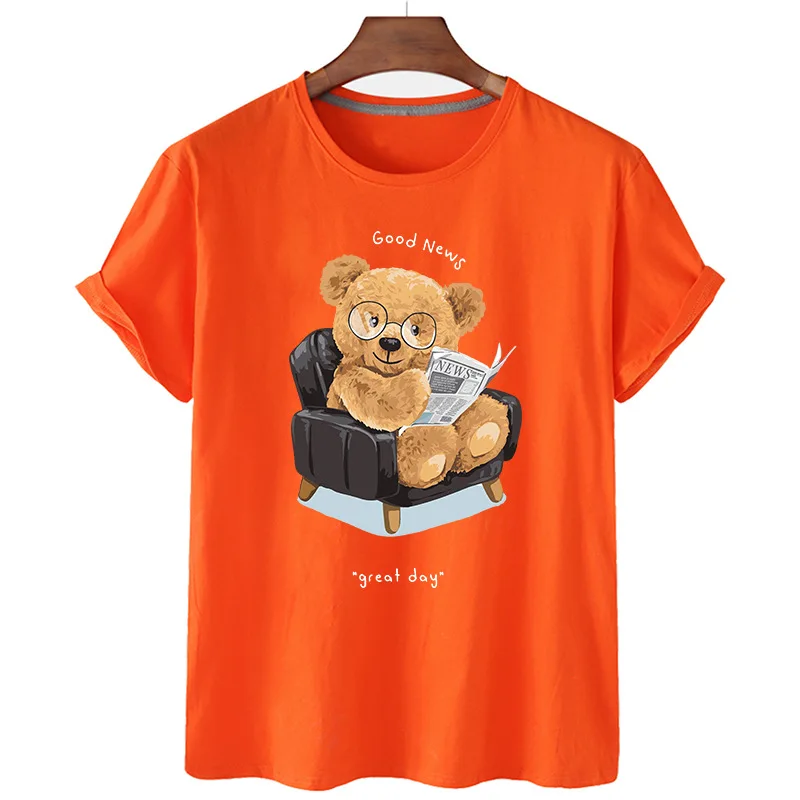 100% Cotton Reading Newspaper Bear Print Short-sleeved O-neck Loose T-shirt Blouse Plus Size T-shirt Men's And Women's Tops 4XL