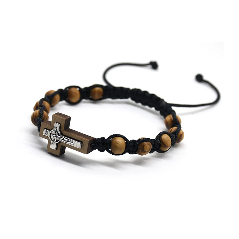 Cross Bracelet Pine Wood Beads Beaded Hand Woven Bracelet Man Woman Charm Bracelet Religious Jewelry Wholesale