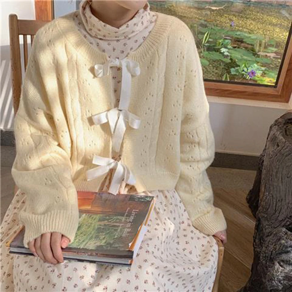 Women Sweaters Warm Mesh Knitting Bow O-Neck Long Sleeve Cardigan Fashion Korean Style  Cardigan Fall Women Clothing