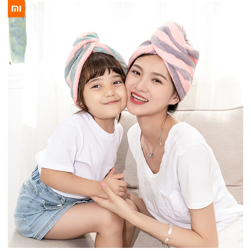 new xiaomi Dry hair cap women's absorbent quick-drying towel wrap turban coral fleece adult children striped wiping hair towel