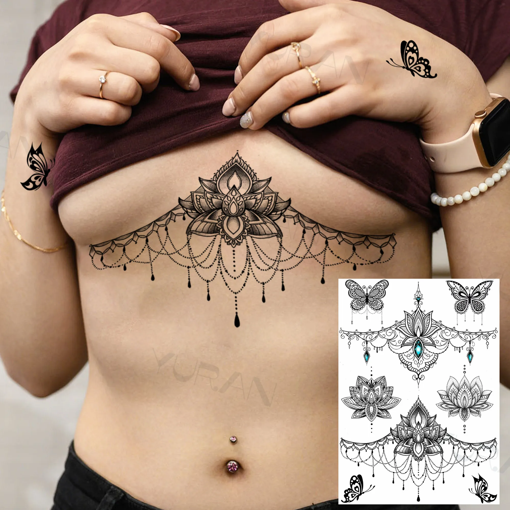 YURAN-tatuaje falso de búho de brazo grande para mujer, calcomanías de Henna India, tatuajes de encaje personalizados, Mandala, flor, tortuga negra