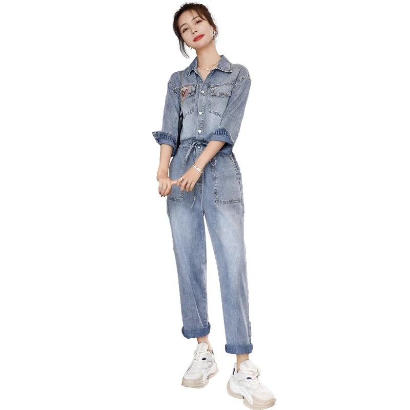 Casual Women Denim Overalls Summer New Elegant Turn-down Collar Jumpsuit Preppy Style Sweet Pockets Loose Trousers Female