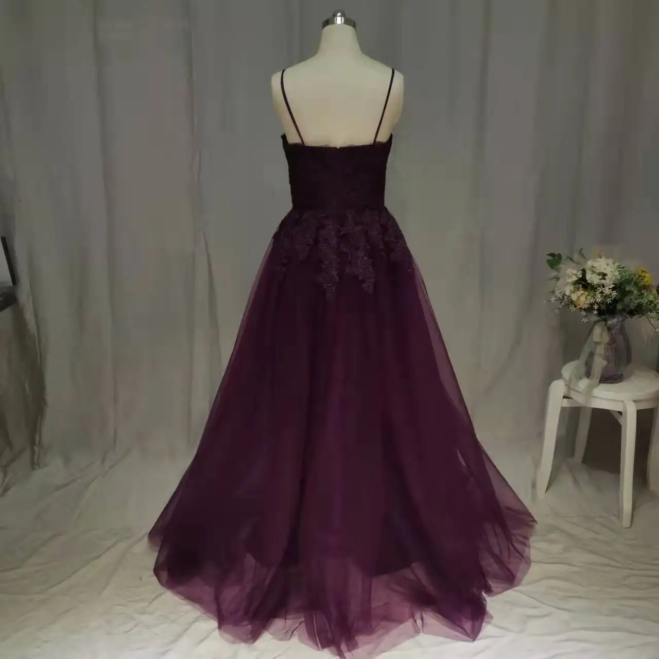 Beaded Prom Dresses Plus Size Purple V Neck Tulle Sleeveless Evening Gown Customer Made A-line Lace Up Backless Vestido De