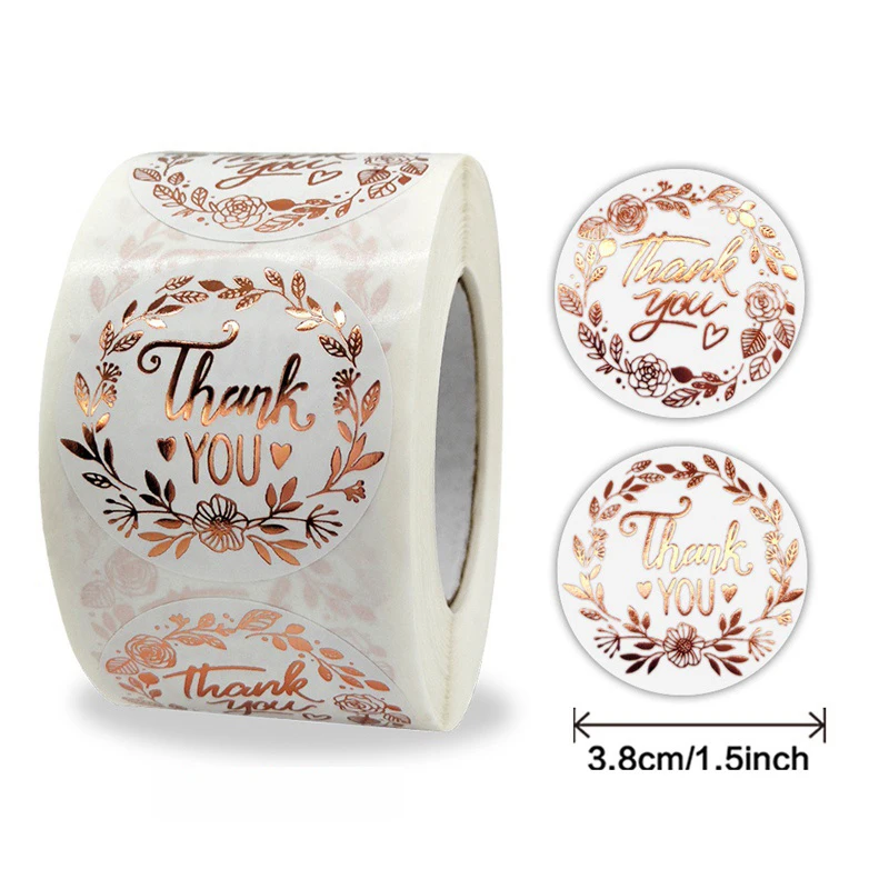 500pcs/roll 1.5 inch Thank you stickers Flower Hot rose gold Cute Stationery Stickers Gift Wrapping Decoration Envelope Seals