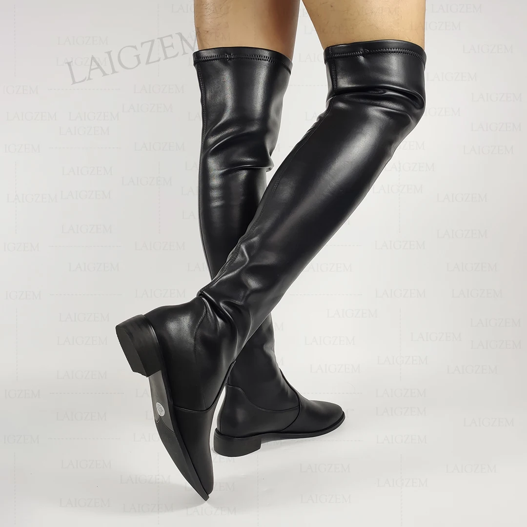 LAIGZEM Women Over Knee High Boots Pull On Leather + Stretchy Synthetic 3CM Low Heels Boots Ladies Shoes Woman Big Size 37 39 42