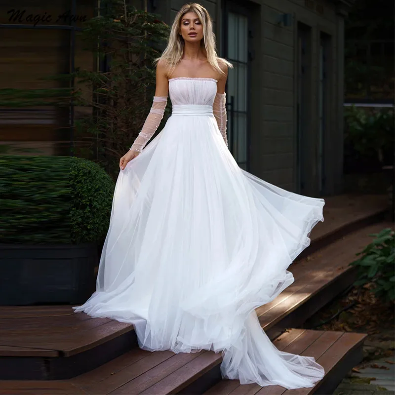 

Magic Awn Simple White Boho Wedding Dresses 2022 Strapless Illusion Pleat Soft Tulle Beach A-Line Bridal Gowns Robe De Mariée