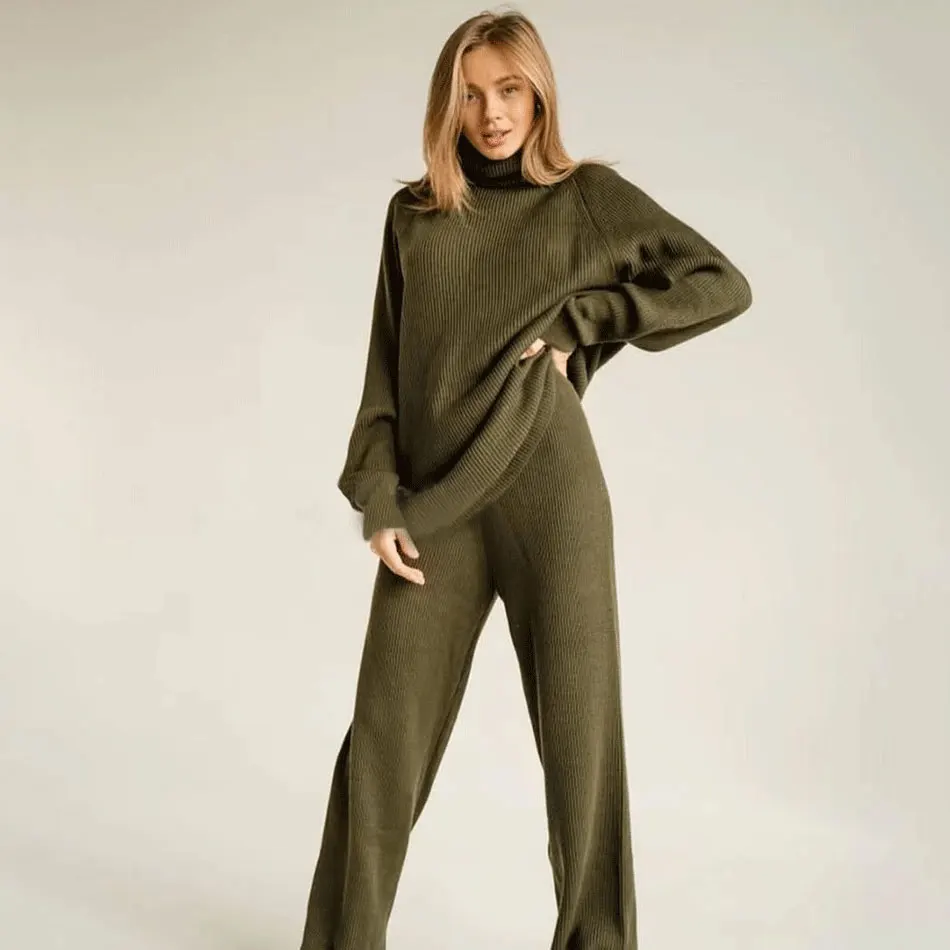 Free Shipping 2021 Fall Turtleneck Loose Knit Suit Women's Casual Long Sleeve Belt Lace Pullover & Straight Pants Two-piece Set