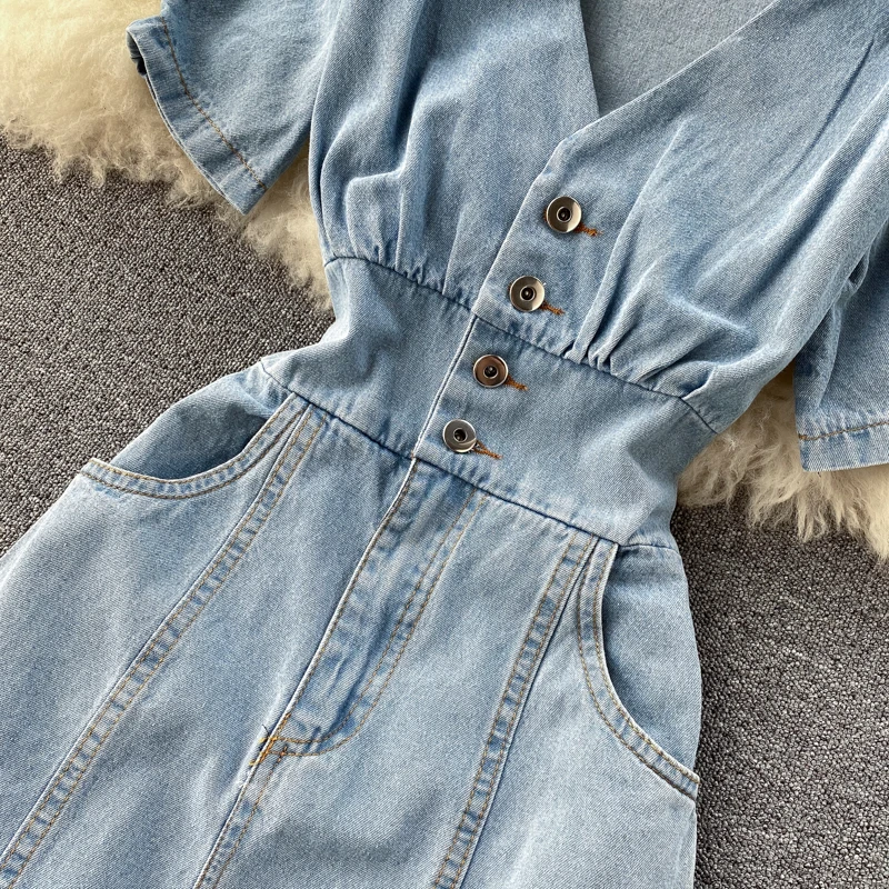 Women Summer Retro Midi Denim Dress Solid V Neck Button Sexy Split Slim Dress Korean Elegant Streetwear Ruched Dress