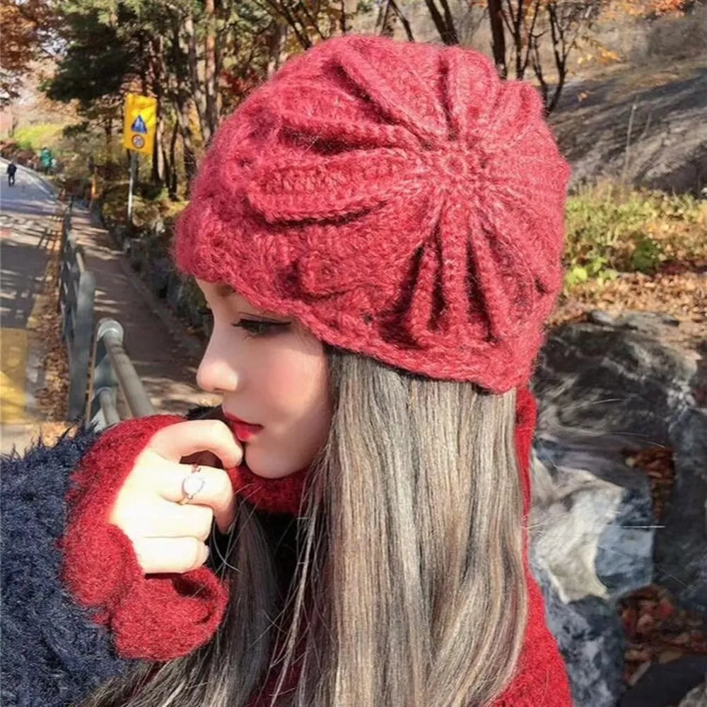 Women Girl Beanie Beret Hat Warm Wool Winter  bonnets Ethnic style handmade knitted cap Vintage Plain Solid Color Winter Caps