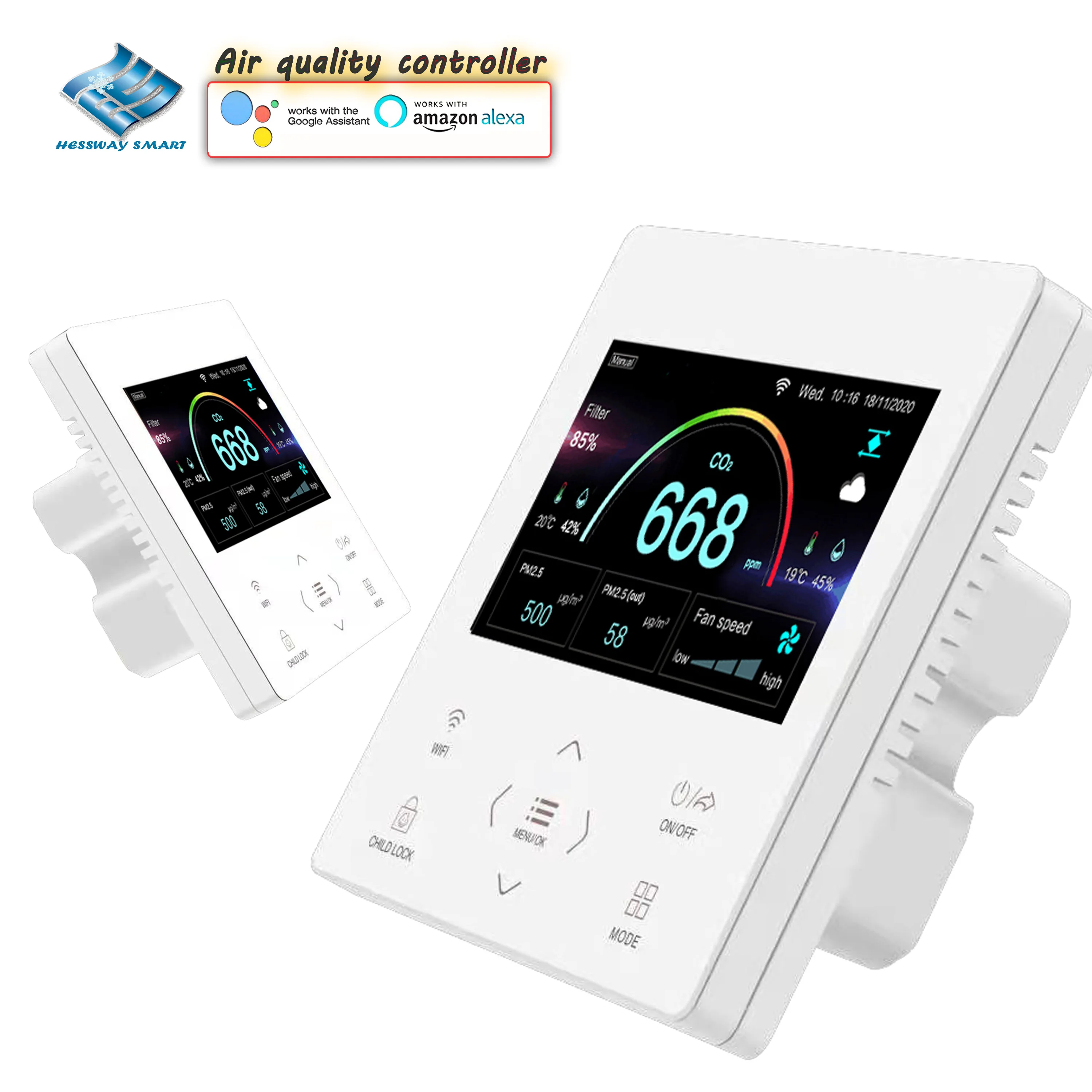 RS485 & WIFI التحكم يقلل تركيز CO2 PM2.5/VOC لغرفة تحسين جودة الهواء الناتج نسبة 0-10 فولت/التيار المتناوب التهوية