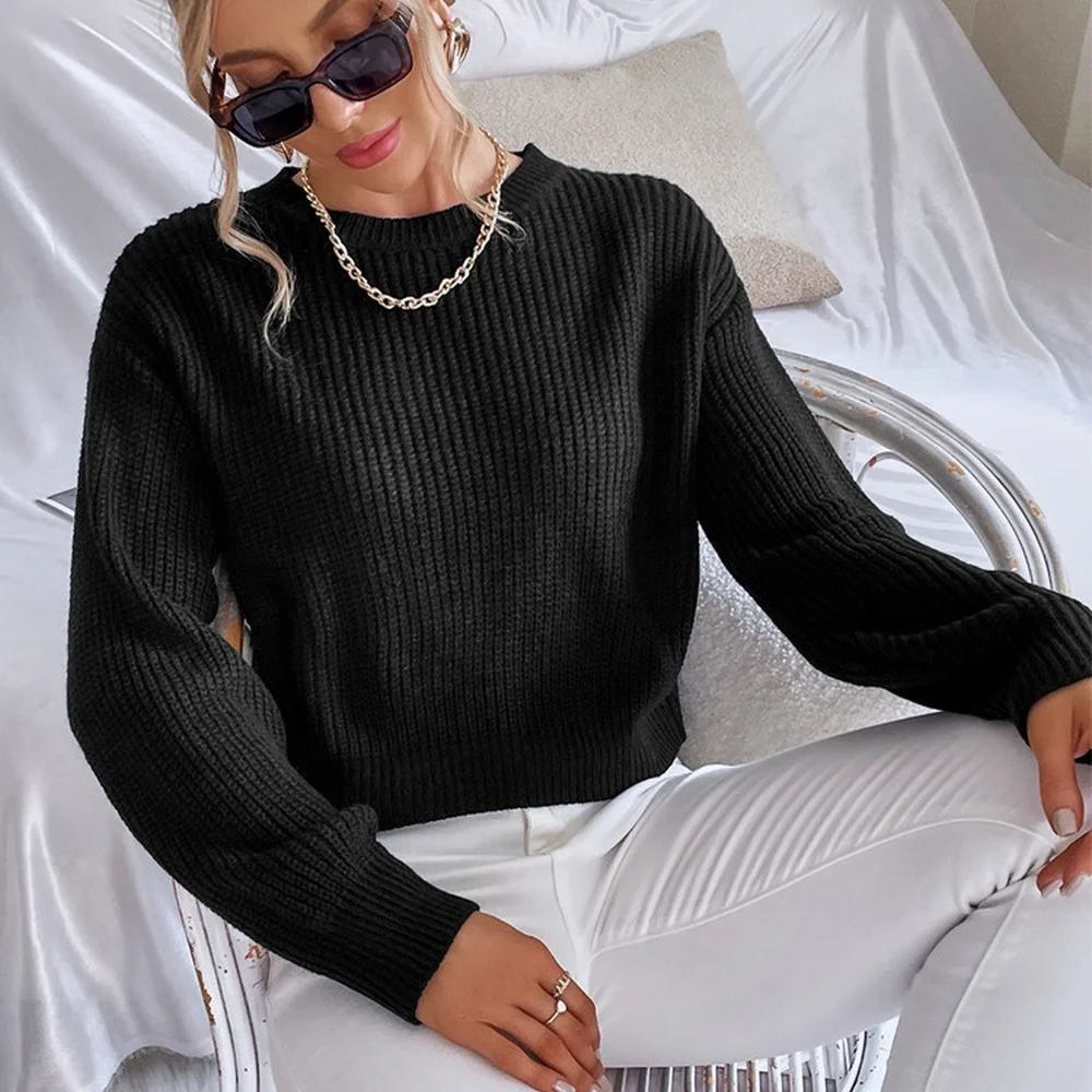 ROENICK Women Loose O-Neck Pullover Sweater Sexy Backless Lace-Up Black Knit Crop Tops Y2K Hollow Out Fall Long Sleeve Clothes