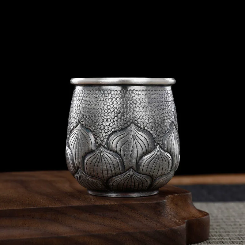 Silver cup 999 sterling silver handmade double engraved lotus home kung fu tea set sterling silver master cup