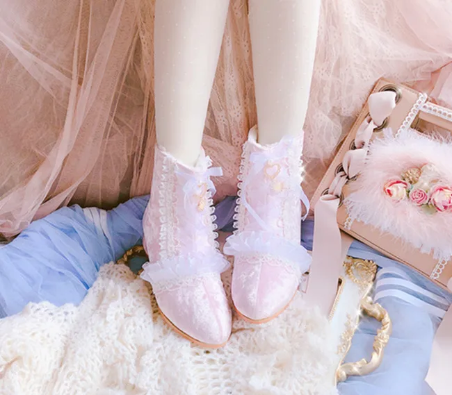 Japanese sweet lolita shoes lace bowknot kawaii girl round head high heel  kawaii shoes cosplay loli daily single shoes