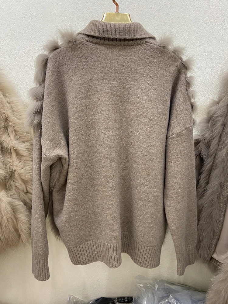 Frauen Echt Fox Pelz Knitting Oversize Lose Frühling Fuchs Pelz Streifen Genäht Zusammen Außerhalb Dekoration drehen-unten Kragen Pullover mantel