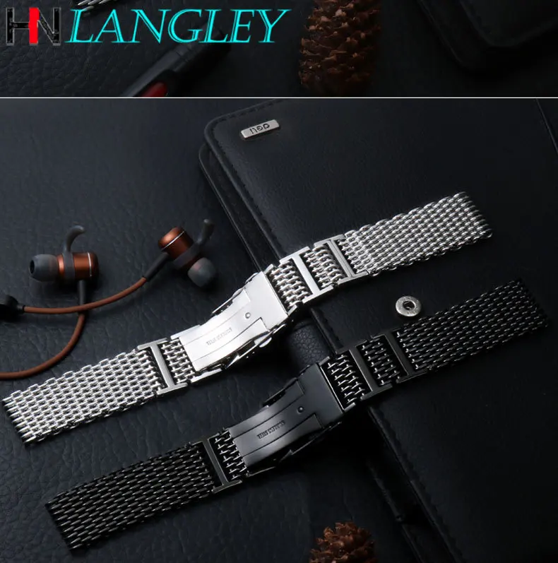 Stylish Stainless Steel Bracelet Straps Shark Mesh H-Link Watch Band Bracelet Metal Mesh Band Double Deployment Clasp 20/22/24mm