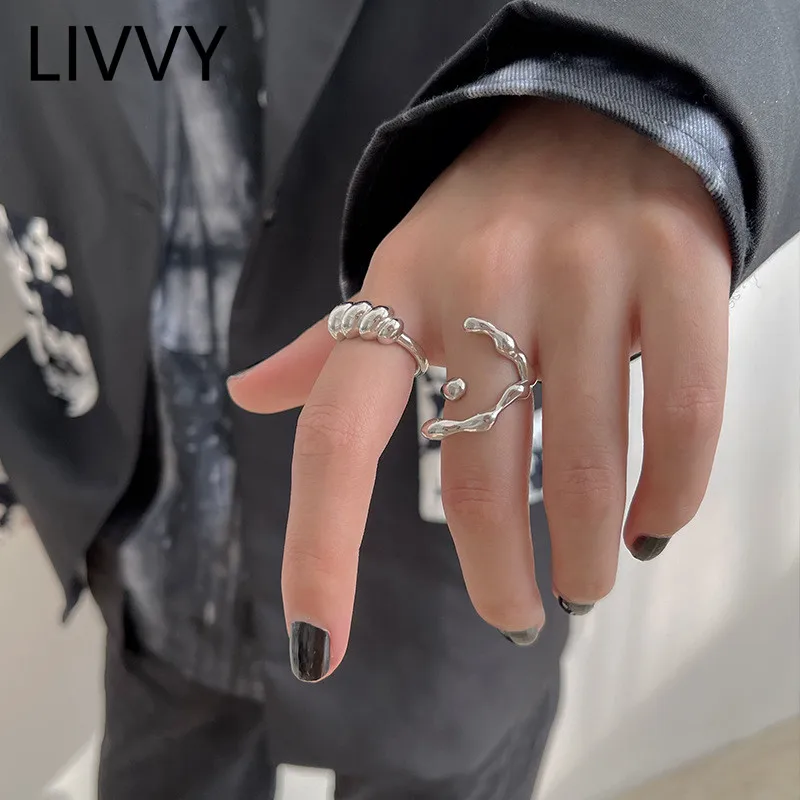 LIVVY Silver Color Irregular Texture Twist Ring Female Simple Unique Design Sense Smooth Hip-hop Jewelry  Gift