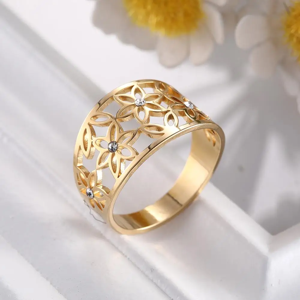 COOLTIME Flower of Life Zircon Rings Stainless Steel Rhinestone Engagement Finger Rings for Women Trend Jewelry Gift Wholesale