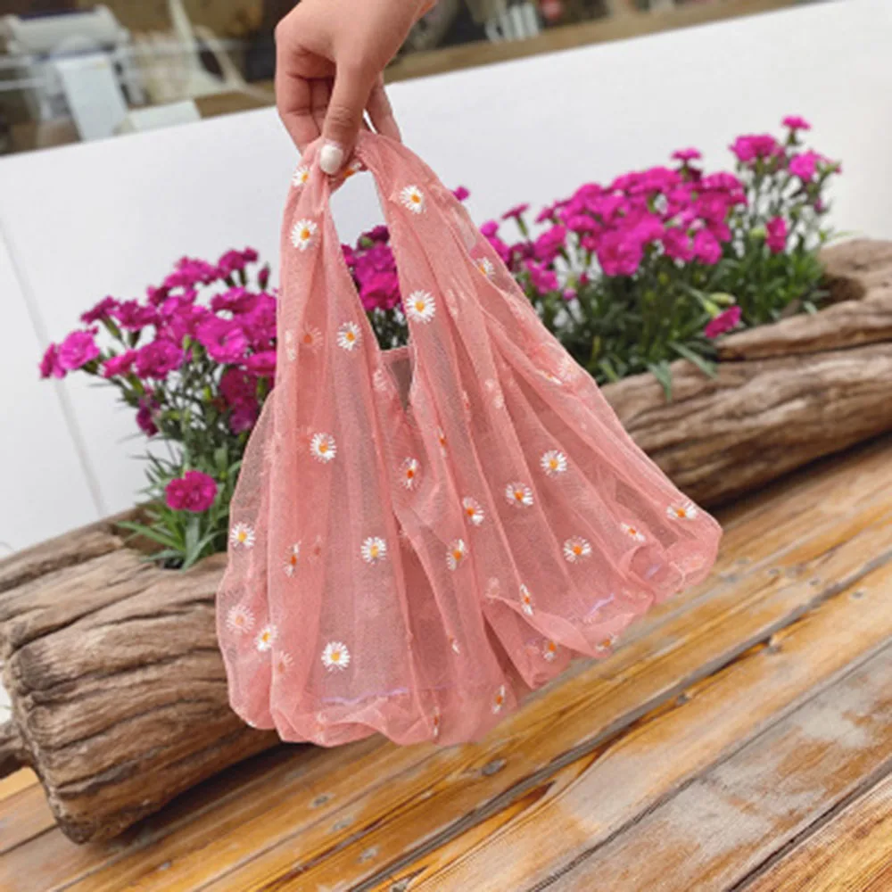 New Style Single Shoulder Bag Net Yarn Embroidery Small Daisy Cute Embroidery Shopping Bag Eco Friendly Handbag for Women Girls