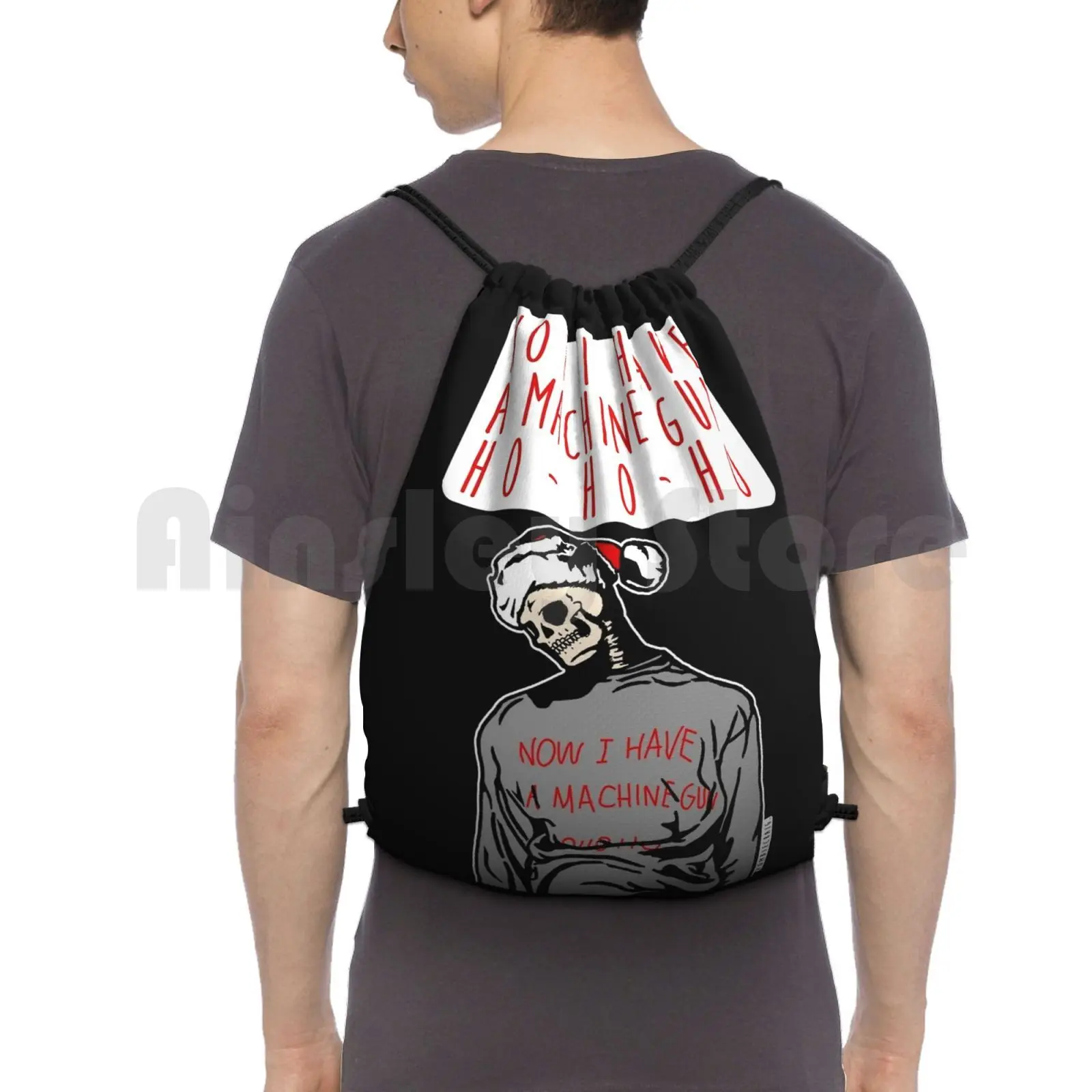 Ho-Ho-Ho Die Hard Christmas Backpack Drawstring Bag Riding Climbing Gym Bag Pop Art Pop Culture Skull Skeleton Christmas