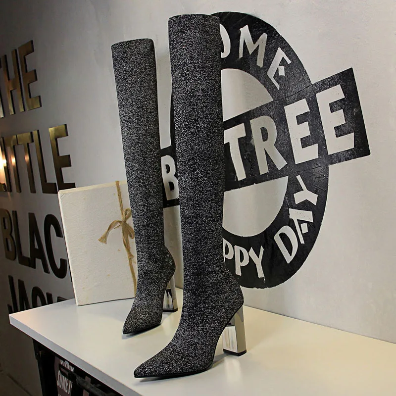 2023 Thigh High Boots Over The Knee Elastic Stretch Boots Women Metal High Heels Botas Mujer Sexy Knee High Sock Boots WSH4331