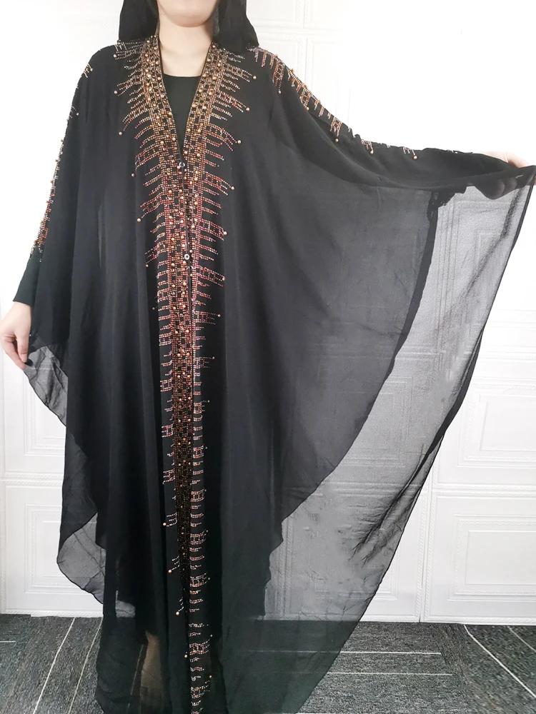 Muslim Black Abaya Dress Chiffon Abayas For Women Dubai Clothing 2021 African Fashion Embellished Dresses Hijab Femme Robe