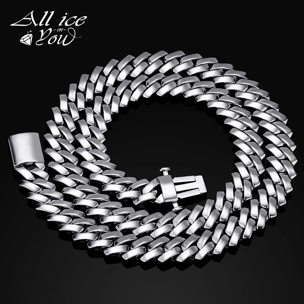 ALLICEONYOU New 10/12mm Cuban Chain Necklace Spring Fastener Micro Pave Smooth-surface Hip Hop Heavy Jewelry WomenGift