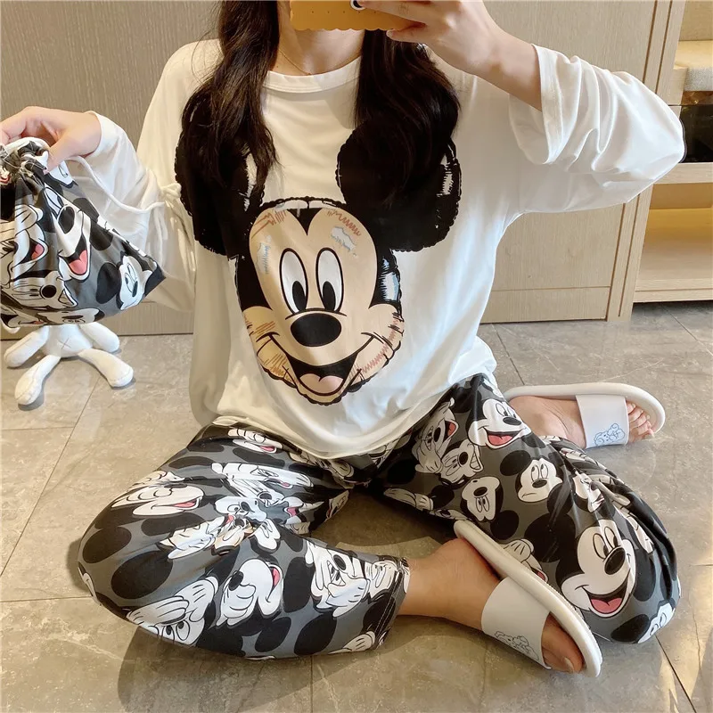 Disney Girl Daisy Printed Spring and Autumn Bag Pajamas Women Cute Cartoon Long Sleeve Long Pants Homewear Set Pajamas