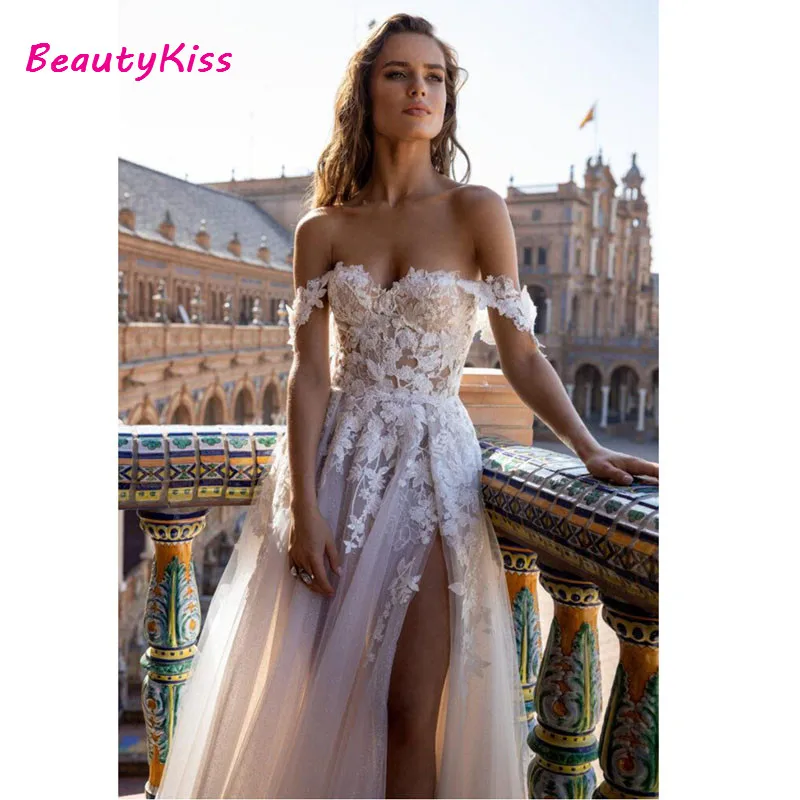 Robe de mariée en tulle, style Boho, épaules dénudées, en dentelle, ligne a, tenue de plage Sexy, fente haute, robe de soirée de mariage