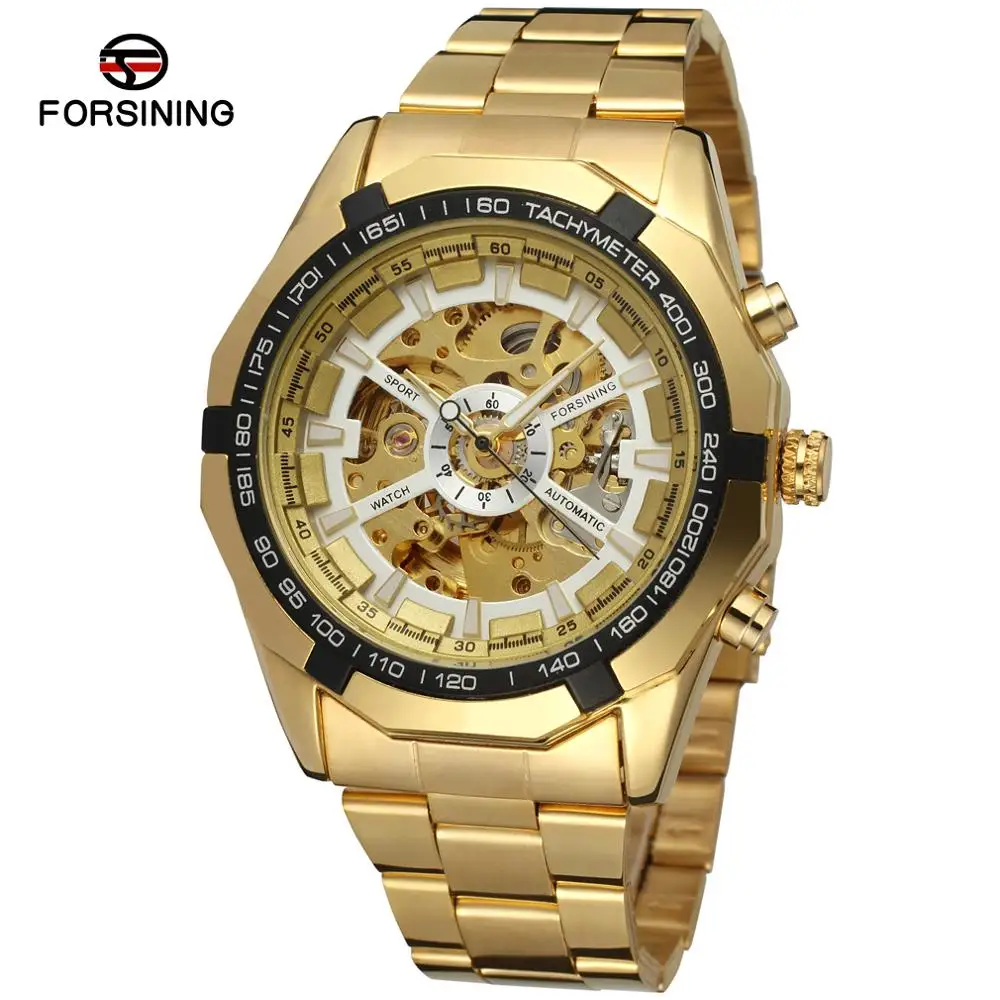 

Forsining Luxury Classic Gold Black Dial Roman Numerals Business Men's Mechanical Steel Band Watch