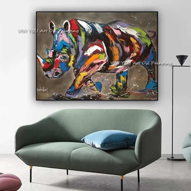 Abstract colorful Rhinoceros Animal Oil painting on canvas 100% Handmade Modern painting Picture Home Wall Hotel decoration