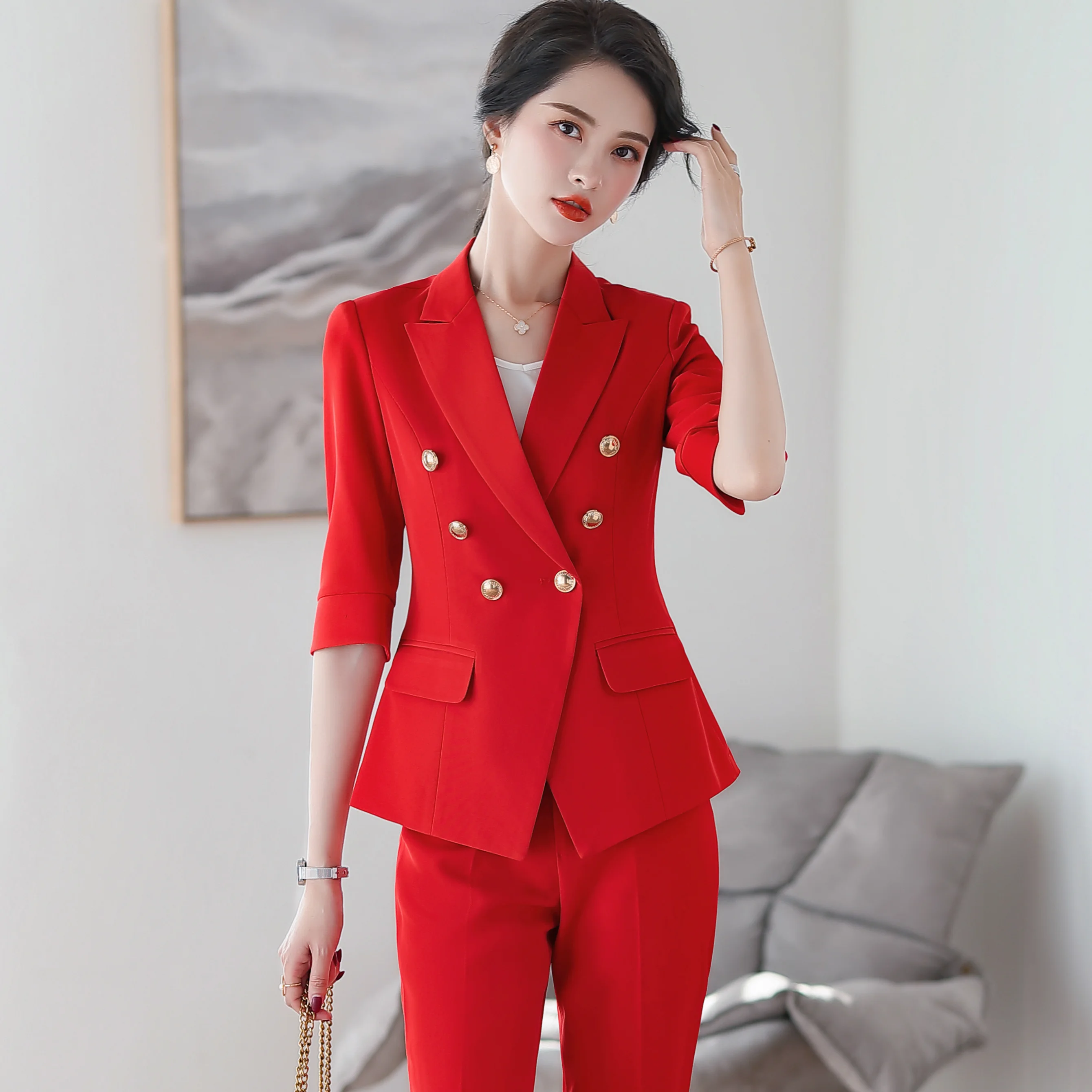 

Women Blazer Coat 2020 Big Brand Notched Neck Double Breasted Slim Pants Suit Office Lady Elegant Fashion Casual Business Suits