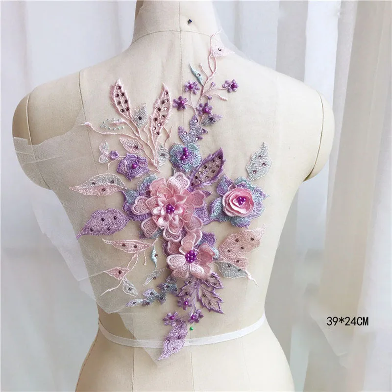 1Pc Luxury Colorful Pink Flower Emboidery Wedding Gown Dress Lace Applque DIY Sewing Patch Lace Fabric