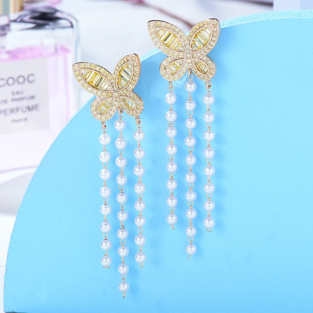 KellyBola Fashion Dubai Butterfly Pearl Long Earrings Cubic Zirconia Bride High Quality Exquisite Wedding Party Daily Jewelry