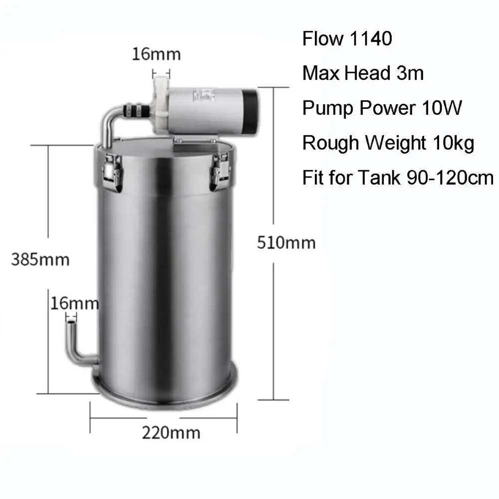 Fish Tank External Bucket Filter Stainless Steel SS304 Aquarium Filter 10W Magnetic Drive Pump fits for 90-120cm Tank