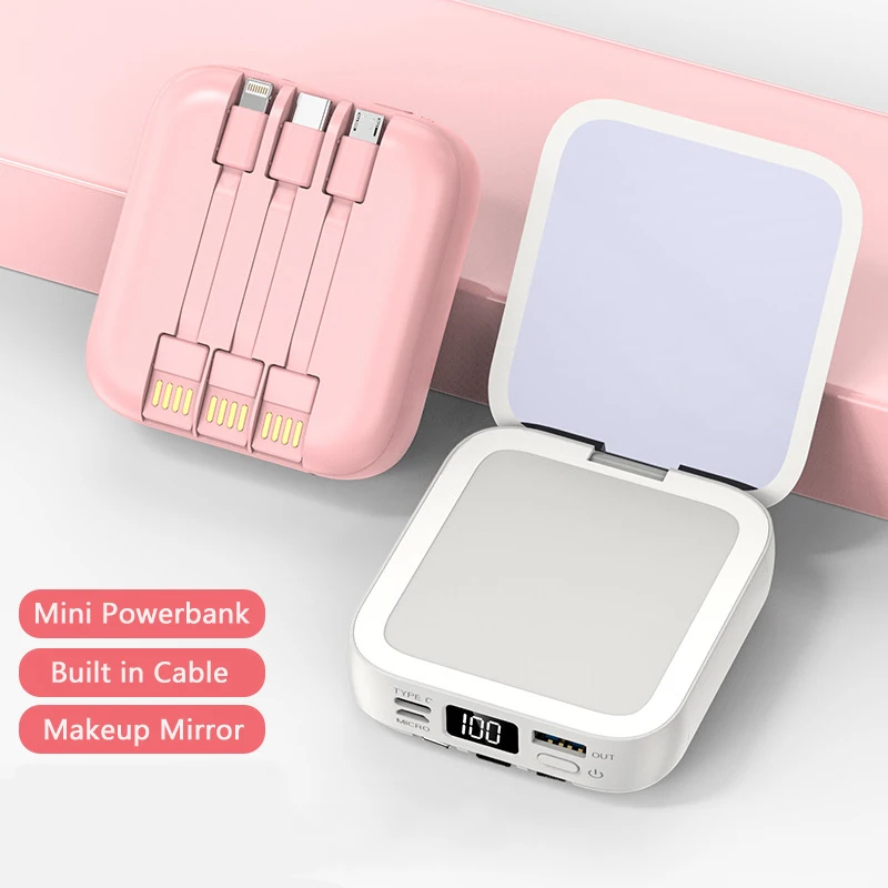 

Mini Power Bank Built in Cable USB Type C Powerbank with Makeup Mirror for iPhone 15 Samsung Huawei P30 Xiaomi Battery 20000mAh