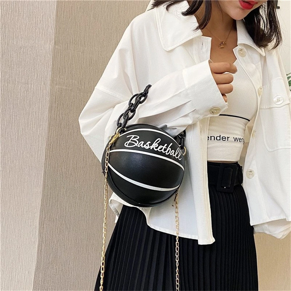 Women\'s Fashion Basketball Shoulder Bag Cross-Body Chain Handbag Personalized PU Basketball Chain Tote Messenger Bag Backpacks