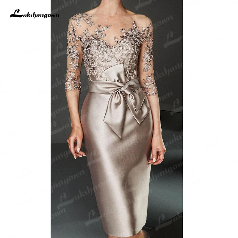 Silver Champagne Short Knee Length Lace Mother of the Bride Dresses Three Quarter Sleeves Mother Formal Wedding Guest Gown