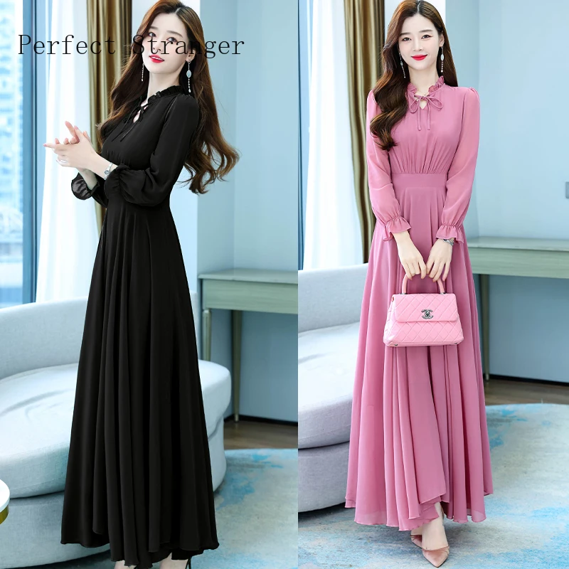 2022 Spring New Arrival Leisure Solid Color Long Sleeve Collect Waist Women Chiffon Long  Dress High Qaulity Vestido Feminino