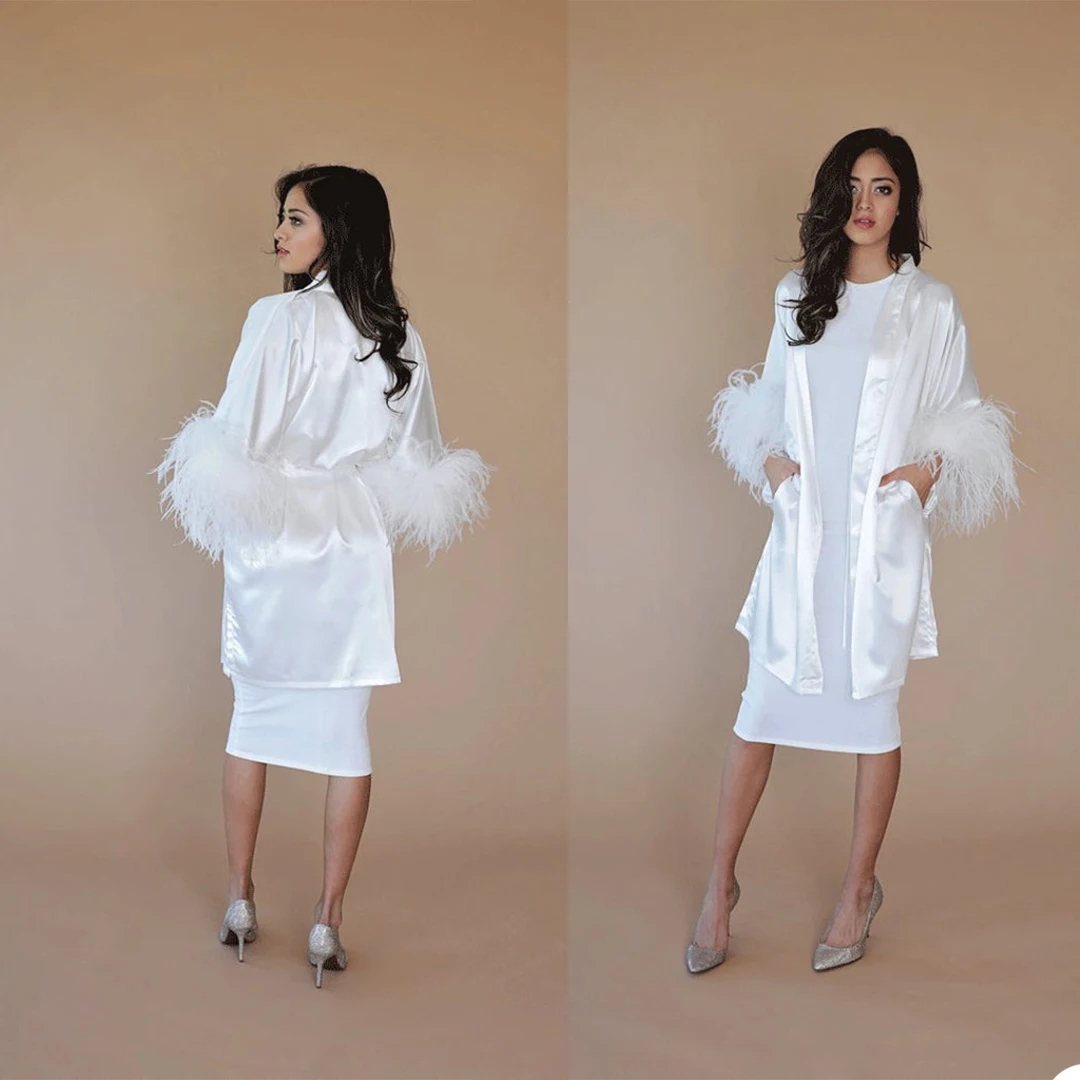 

Ostrich Feather White Women Sleepwear Long Sleeve Maternity Sexy Kimono Pregnant Party Bathrobe Sheer Nightgown Robe Shawel