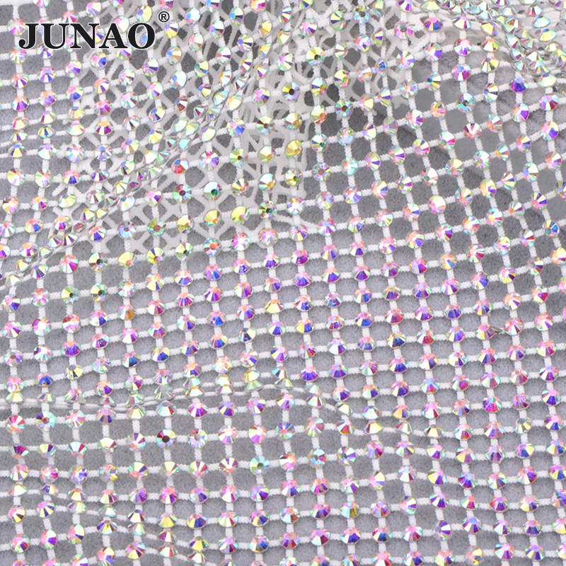 JUNAO 1*1.5Meter Sewing White AB Rhinestone Mesh Fabric Glass Crystal Trim Ribbon Elastic Strass Clothes Applique For DIY Crafts