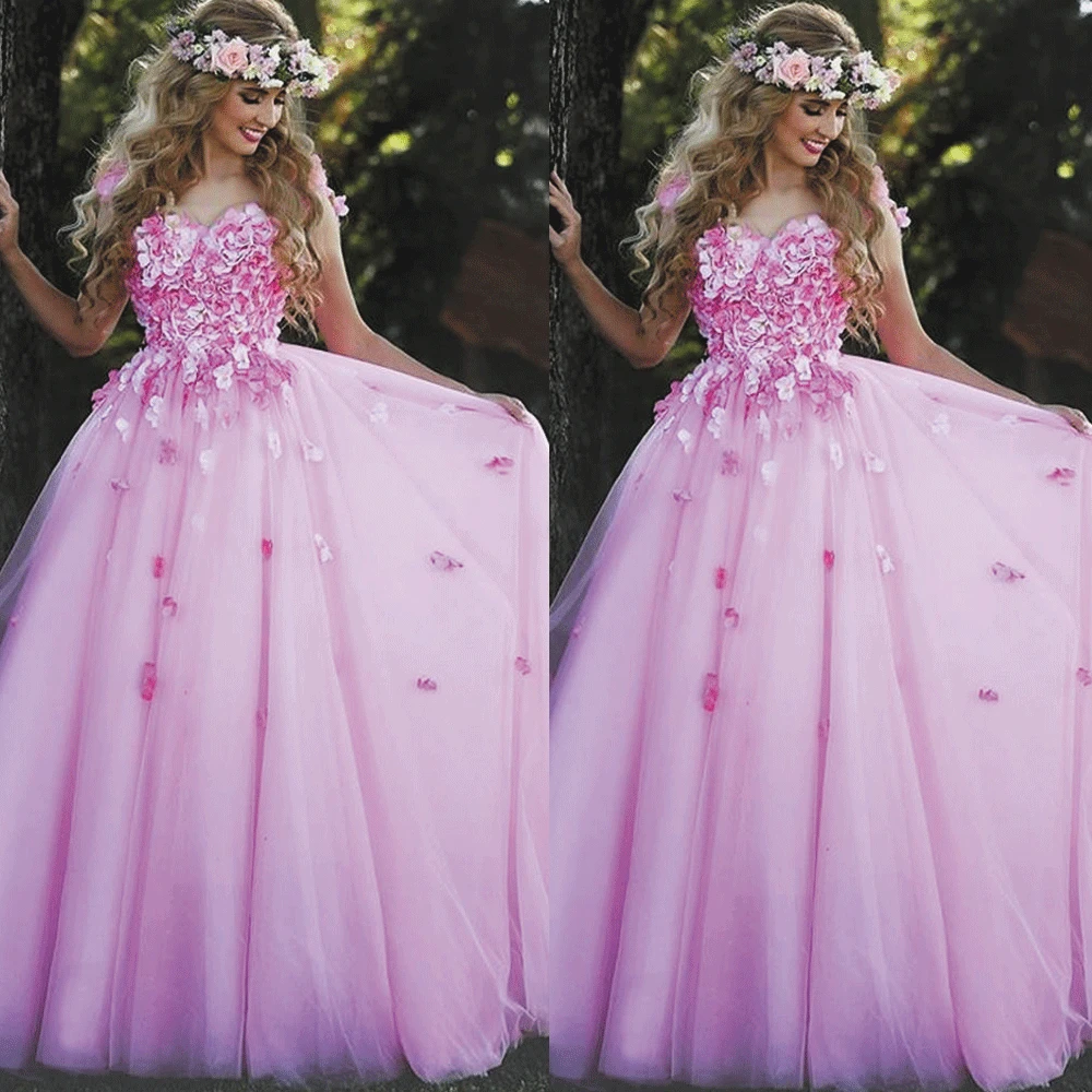 SuperKimJo Pink Prom Dresses Long Vestidos De Fiesta De Noche 3D Flowers Elegant Floral Prom Gown Robe De Soiree