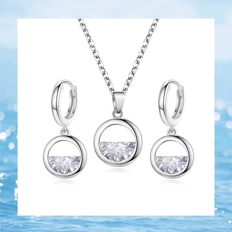 Simple Silver Color Necklace Drop Earring Jewelry Set Glowing Semicircle Zircon Women's Valentine's Day Gift