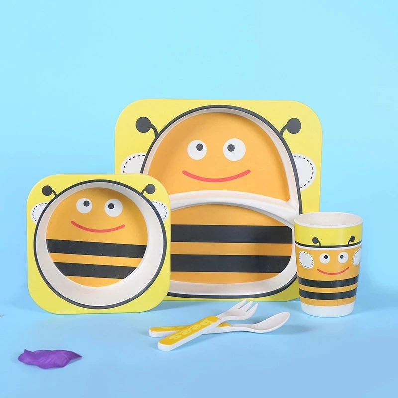 Baby Bamboo Bowl+Spoon+Fork Feeding Food Tableware Set Cartoon Aniaml Bee Kid Dishes Bamboo Feeding Bowl Dinner Plate