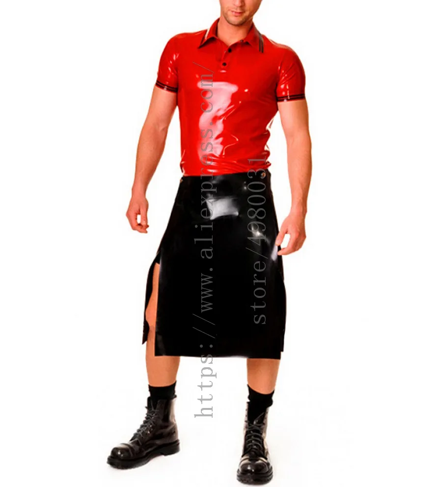 

100% handmade shiny red latex t-shirt short sleeve slim latex tops decoratived with black trims