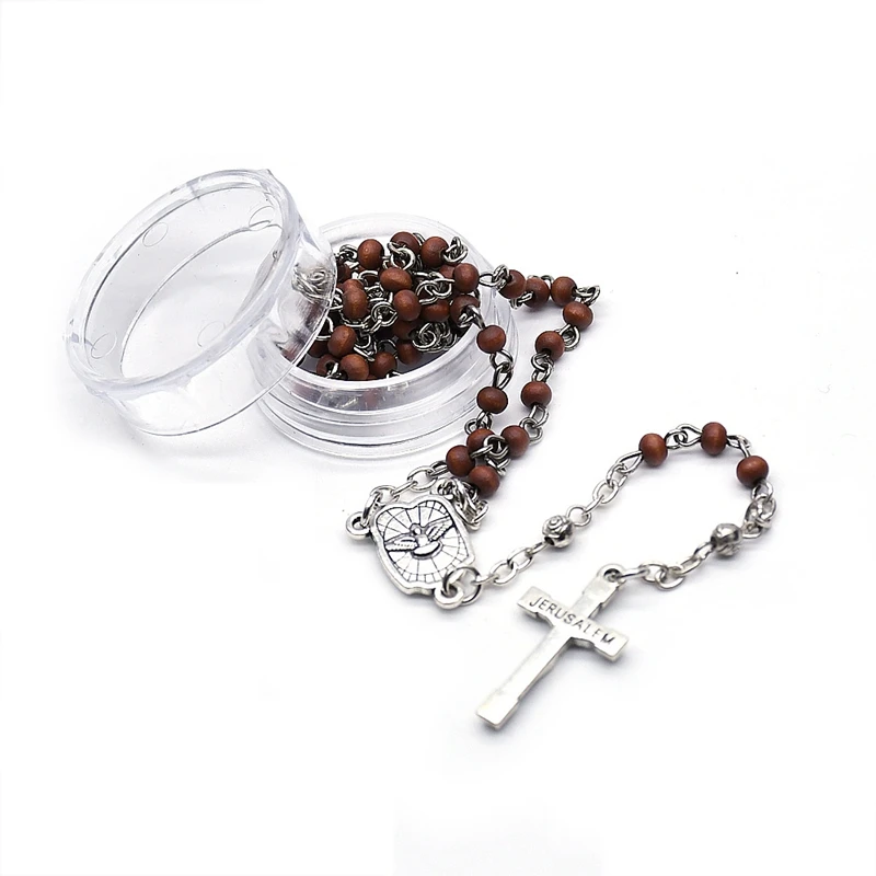 QIGO Brown Wood Cross Rosary Necklace Religious Catholic Crucifix Jesus Pendant Small Beaded Necklace With Box For Men Women